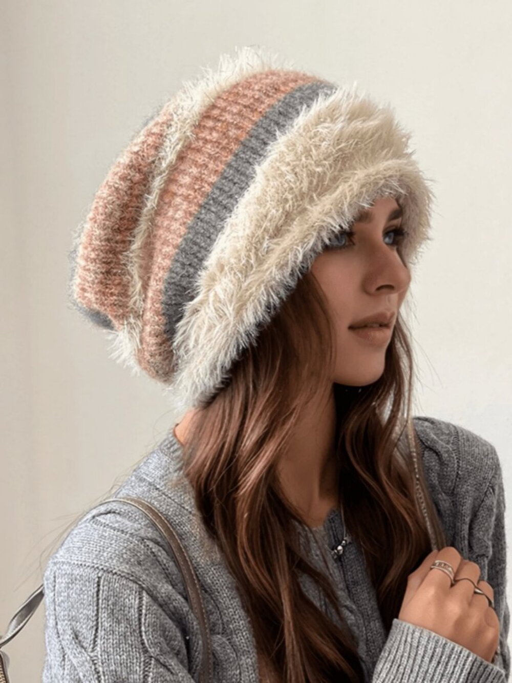 Multicolor Women's Fleece Lined Elastic Loose Fit Thick Knit Hat